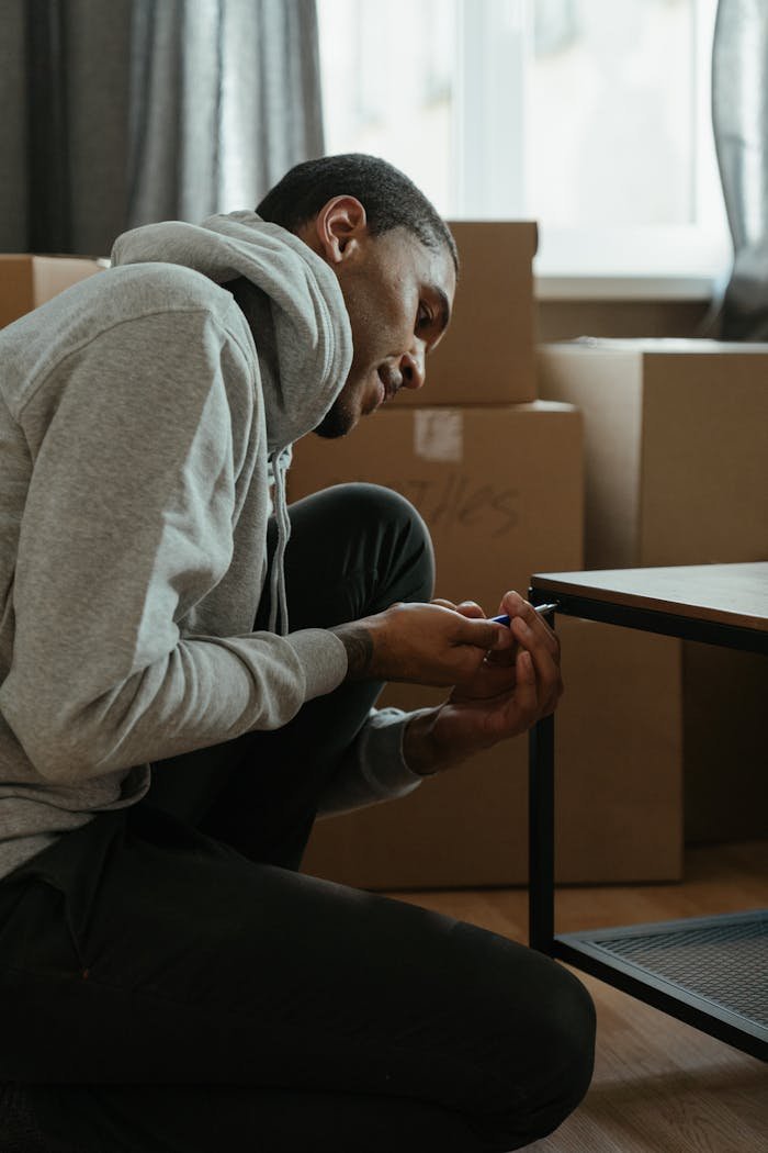 A man assembles a table in his new apartment surrounded by cardboard boxes.